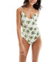 ASOS DESIGN v-front swimsuit in green palm