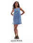 ASOS DESIGN Petite denim boat neck swift dress in midwash blue