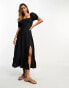 & Other Stories linen puff sleeve midaxi dress with split in black