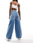 Stradivarius wide leg jean with boxer waist in medium blue