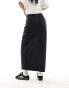 Pieces front slit denim maxi skirt in black