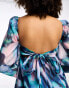 Glamorous puff sleeve mini smock dress with bow back in blue floral organza