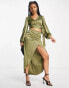 Flounce London Petite satin high waist maxi skirt with leg split in khaki co-ord