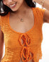 COLLUSION textured ribbed tie front top in orange