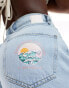 Pieces 'Miami Beach Surf Club' denim shorts with turn up in light wash blue