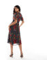 Hope & Ivy ruffle hem midi dress with lace trims in dark red floral