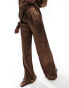 In The Style satin wide leg trouser co-ord in chocolate