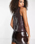 ASOS DESIGN embellished wrap neck festival blouse with pleat shoulder in chocolate sequin