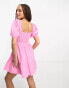 Miss Selfridge linen look shirred puff sleeve mini dress in pink