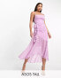 ASOS DESIGN Tall cowl neck frill detail hi low hem midi slip dress with tie side in lilac dobby