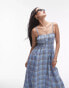 Topshop seersucker check shirred midi dress in blue check