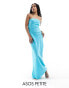 ASOS DESIGN Petite satin bandeau bias maxi dress with tie back in turquoise