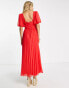 ASOS DESIGN Tall puff sleeve pleated dobby midi dress with scallop trim in red