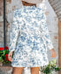 Women's Blue & White Toile Long Sleeve Mini Beach Dress