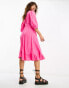 Only puff sleeve wrap midi dress in bright pink