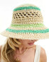 South Beach straw bucket hat in green stripe