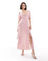 ASOS DESIGN ruched bust midi tee dress with split in red & pink rose ditsy print