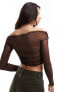 Bershka mesh bardot top in chocolate