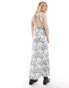 Kiss The Sky bust detail chintz floral print maxi dress in blue and white