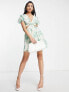 ASOS DESIGN soft tiered mini dress with tie waist detail in green floral