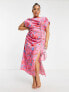 ASOS DESIGN Curve ruched side button cap sleeve satin maxi dress in pink based floral print