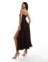 Rare London mesh ruched bandeau drop waist maxi dress in chocolate