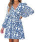 Women's Blue Ornate Puff Sleeve Mini Beach Dress