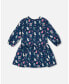 Big Girls Printed Long Sleeve Dress Navy Blue With Kitten