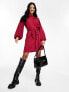 New Look tie waist long sleeve mini dress in berry