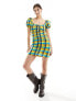 Glamorous scoop neck short sleeve ruched mini dress in bright check