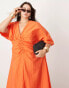 ASOS EDITION Curve textured wide sleeve midi dress with ruched waist in orange