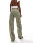 Bershka utility pocket tie waist wide leg trousers in khaki stripe