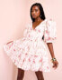 ASOS LUXE cotton poplin blouson sleeve skater mini dress in white floral print