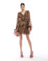 ASOS DESIGN long sleeve lace insert ruffle skater mini dress with cut out in khaki floral print