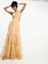 ASOS DESIGN embroidered ruched voile cut out tiered maxi dress in gold