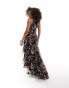 ASOS DESIGN racer neckline ruffle maxi dress with hi low hem in abstract animal print