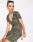 ASOS DESIGN plisse short sleeve ruffle wrap mini dress in brown leopard print