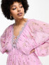 ASOS DESIGN Curve lace trim plunge batwing mini dress with pep hem in lilac floral dobby