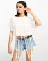 Miss Selfridge festival macrame cropped fringed t-shirt in cream