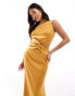 TFNC Bridesmaid Petite satin deep V back waist cut out satin maxi dress in yellow