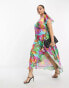 ASOS DESIGN Curve frill detail wrap maxi satin dress in large bold floral print