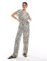 JDY tie waist wide leg jumpsuit in mono zebra