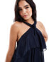 Vero Moda halterneck tiered maxi dress with corsage detail in navy blue