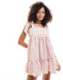 Miss Selfridge tiered gingham mini dress with tie shoulders in blush