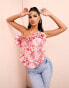 ASOS LUXE jacqaurd corset ruffle bandeau top in pink and red floral print