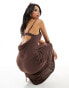 ASOS DESIGN Petite linen cowl detail maxi slip sundress with draped back detail in chocolate