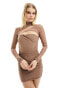 Bershka mesh wrap detail mini dress in chocolate