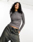 ONLY lettuce edge high neck ribbed top in dark grey