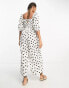 ASOS DESIGN linen look shirred bodice puff sleeve jumpsuit in mono spot print