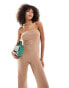 ASOS DESIGN bandeau button front ribbed jumpsuit with princess seams in camel